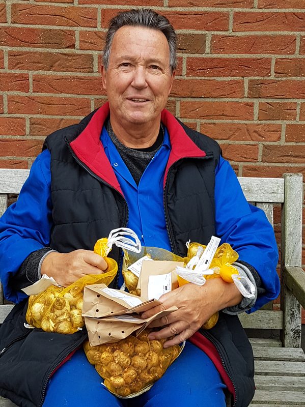 Günther Stolpe mit den zu setzenden Zwiebeln.