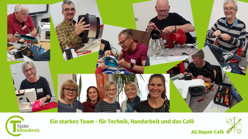 Eine Collage mit Fotos unserer Reparateure bei der Arbeit und ein Foto unseres freundlichen Café-Teams.
